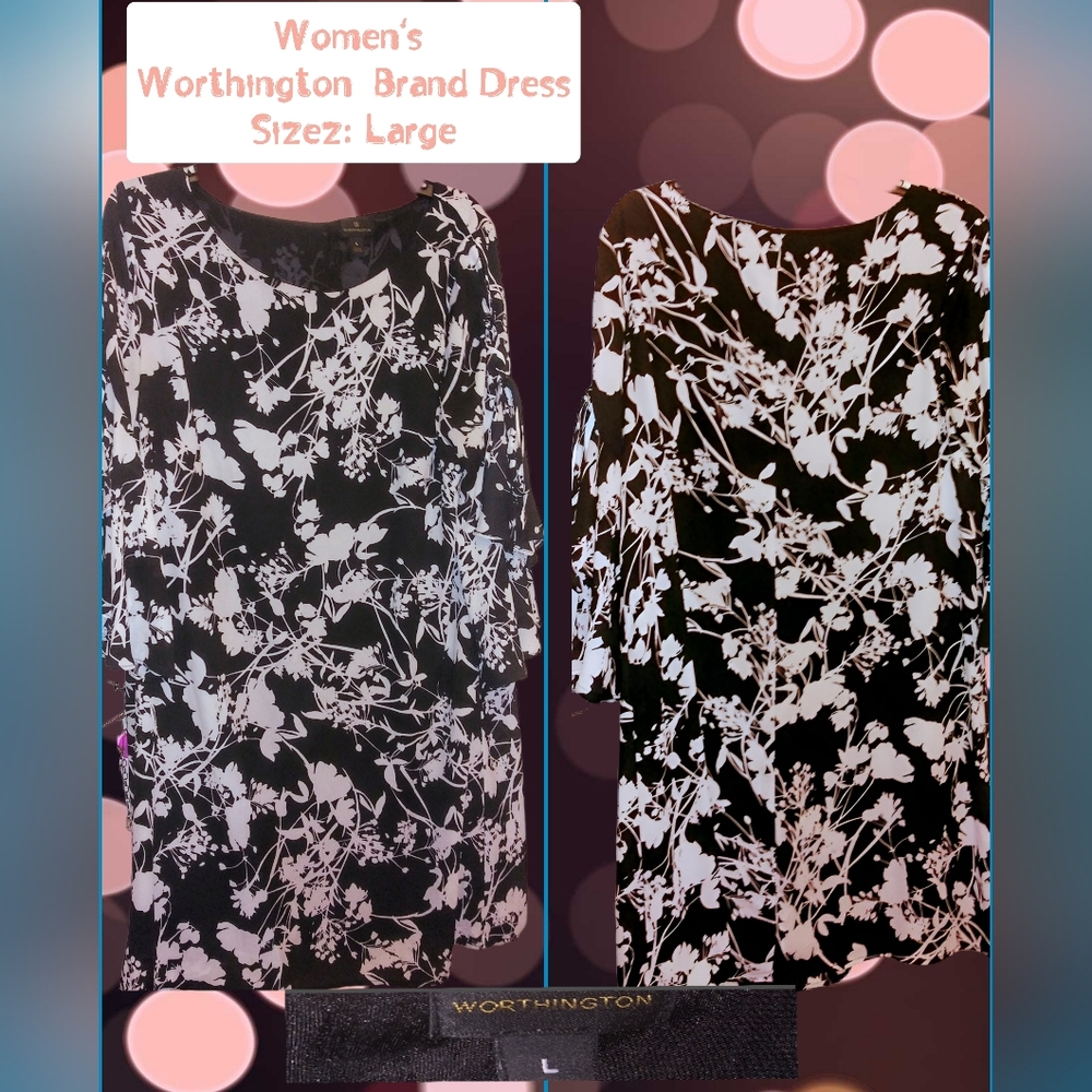 Women's SZ. L Worthington Black & Whiye Floral Print Dress 3/4 Length Sleeves.